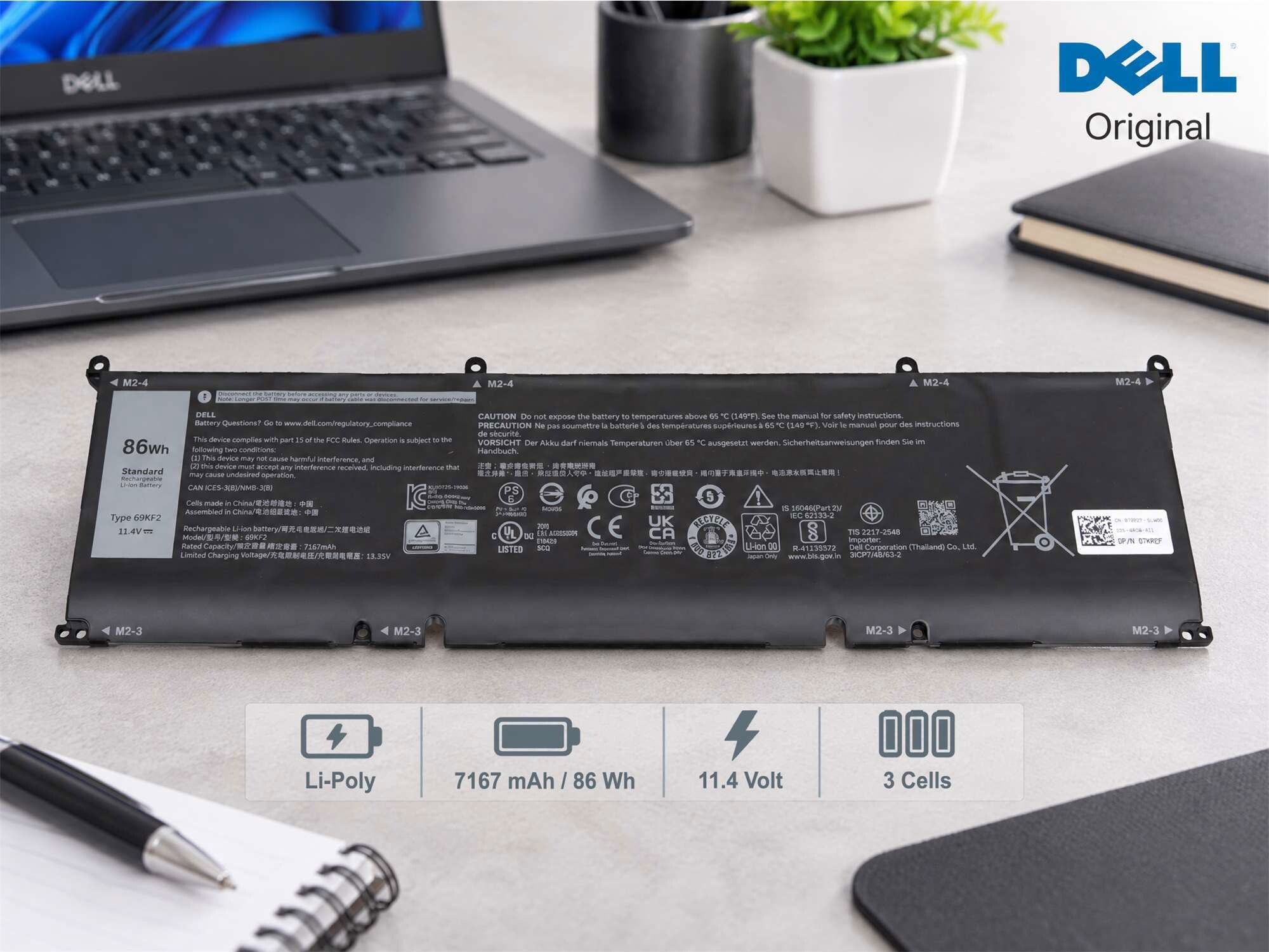 Dell 69KF2 original Batterie 86Wh