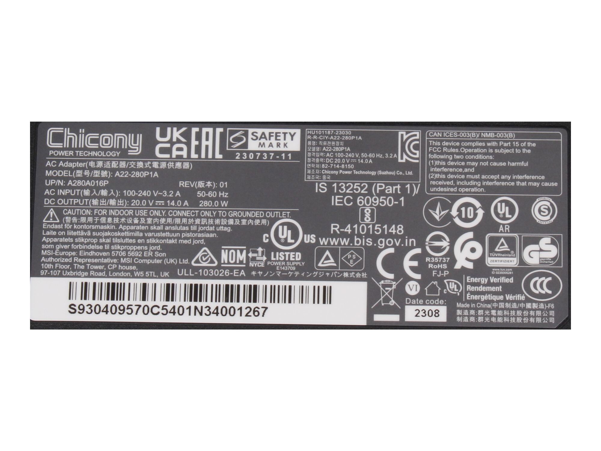 MSI GP76 Leopard 11UH/11UG/11UE (MS-17K3) original chargeur 280 watts