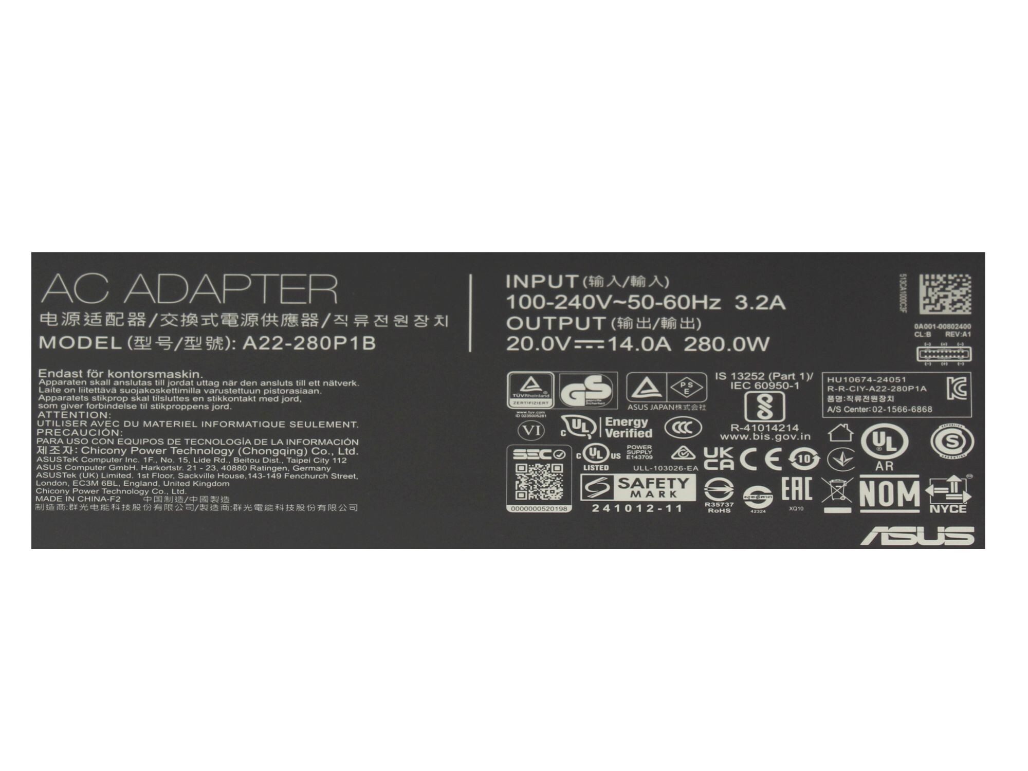 Asus ROG Strix G18 G815LR original chargeur 280 watts construction normale