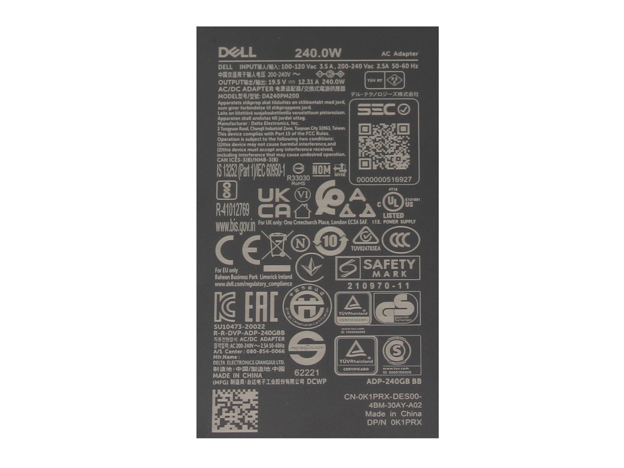 Dell Precision M4800 original GaN-chargeur 240 watts arrondie