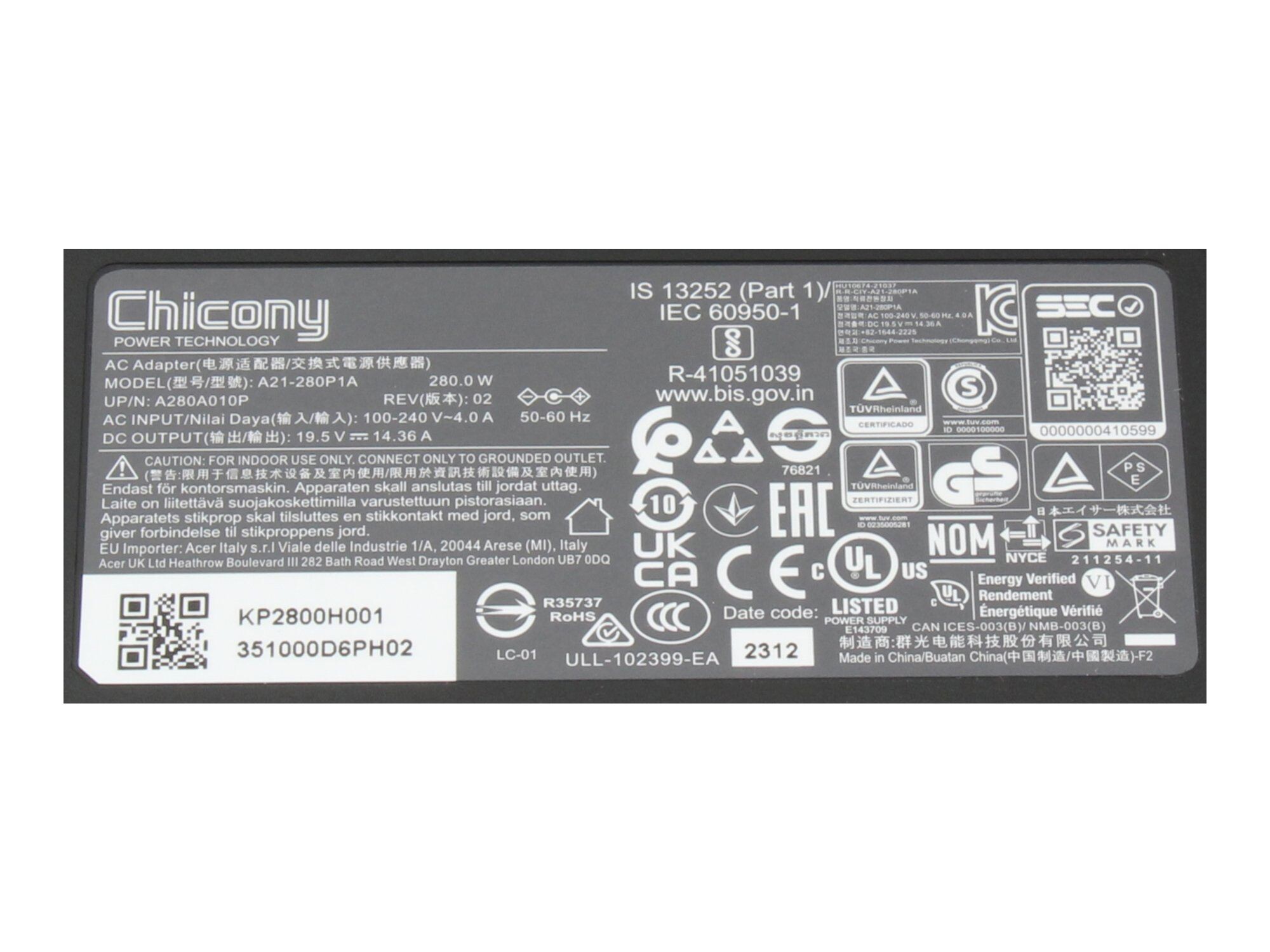 Acer Netzteil für Predator Helios 300 (PH315-55) 280,0 Watt