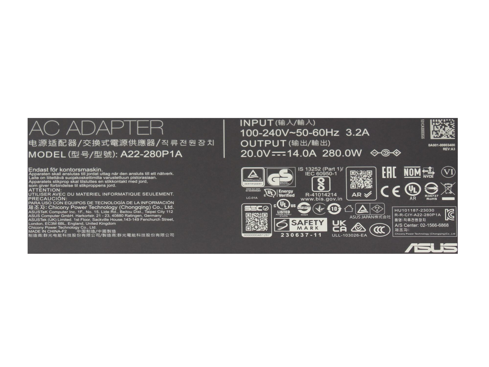 Asus ROG Strix Scar 18 G834JYR original chargeur 280 watts construction normale (ROG)