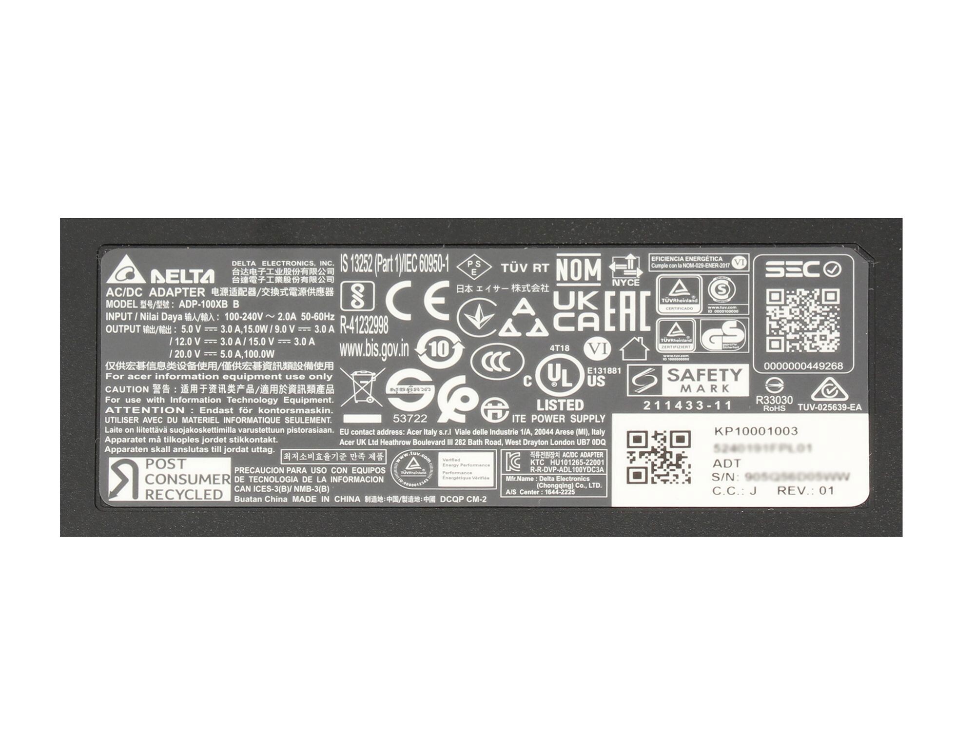 Acer TravelMate P2 (TMP216-51-G2) original chargeur USB-C 100 watts bordé