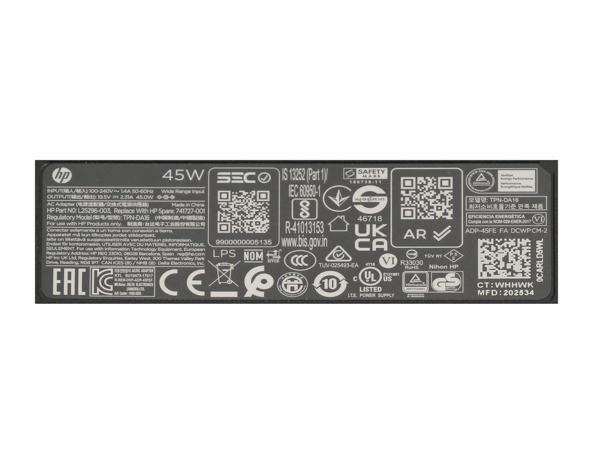 HP Pavilion x360 15-br000 original chargeur 45 watts construction normale