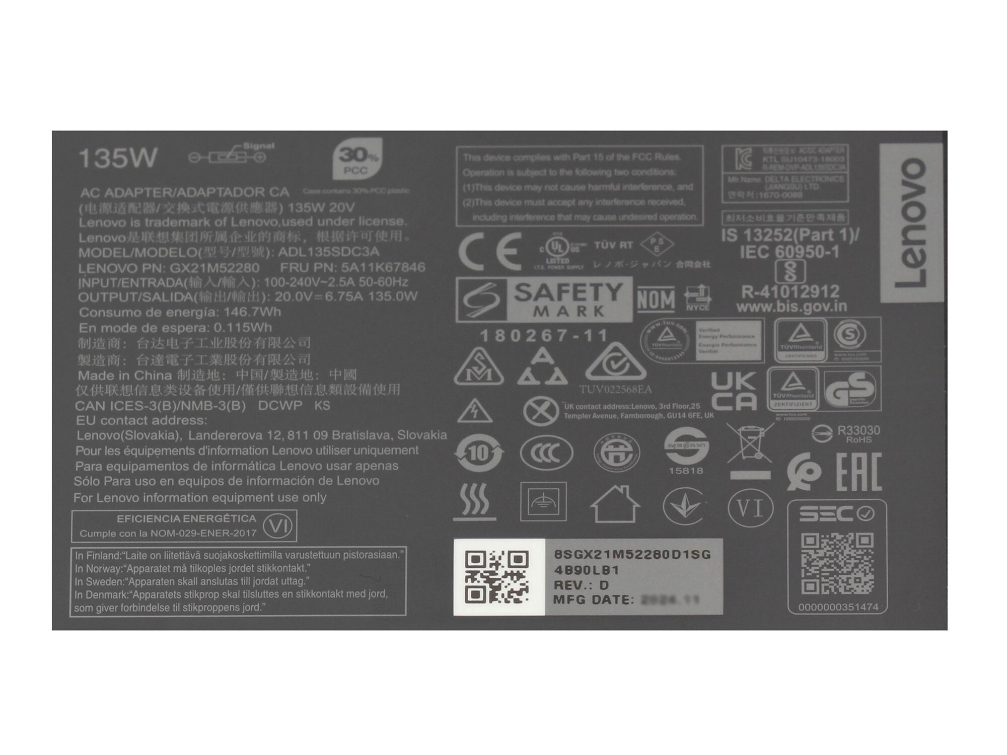 Lenovo ThinkCentre M910x original chargeur 135 watts mince
