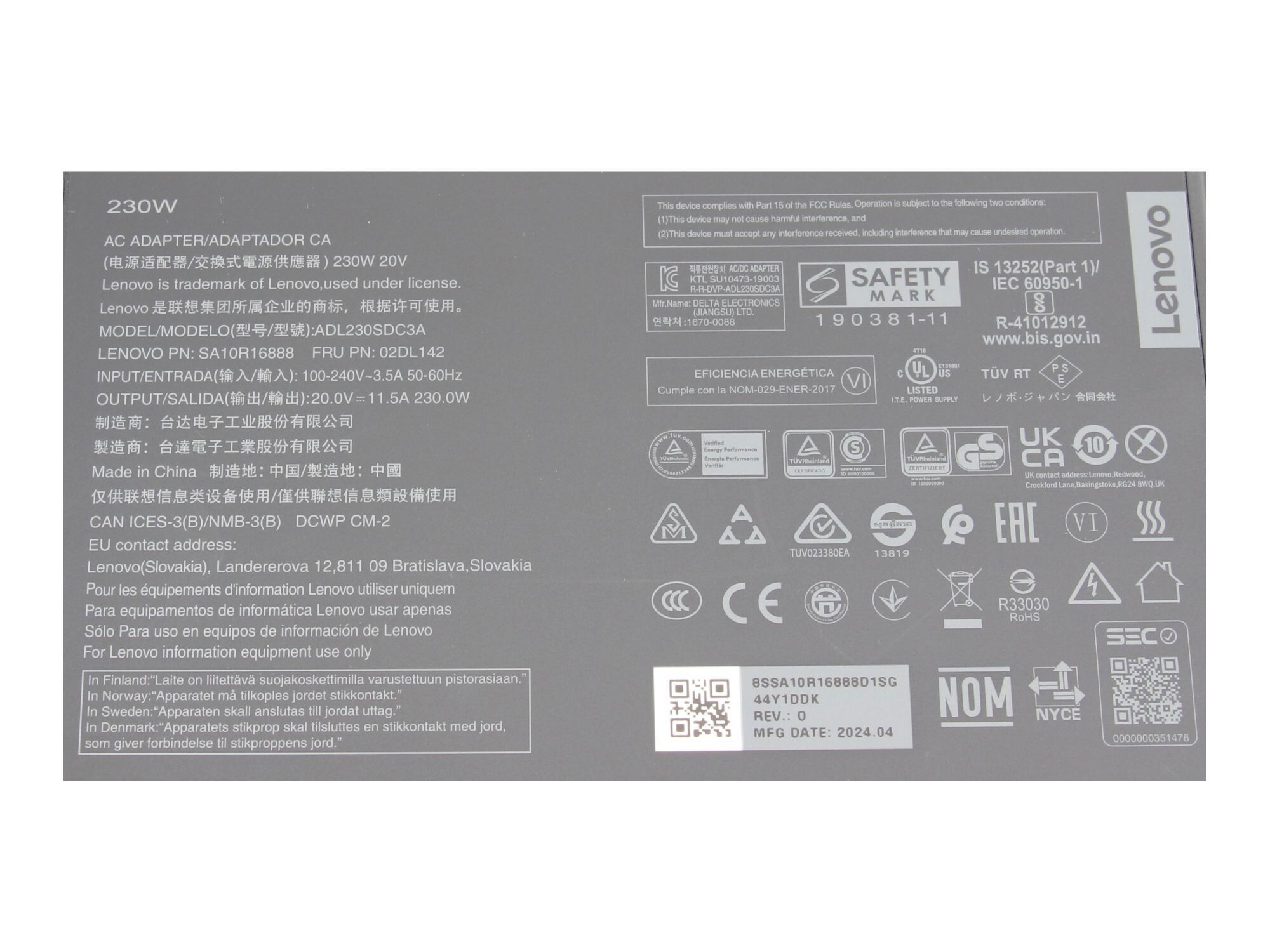 Lenovo ThinkStation P340 Tiny (30DR) original chargeur 230 watts petit