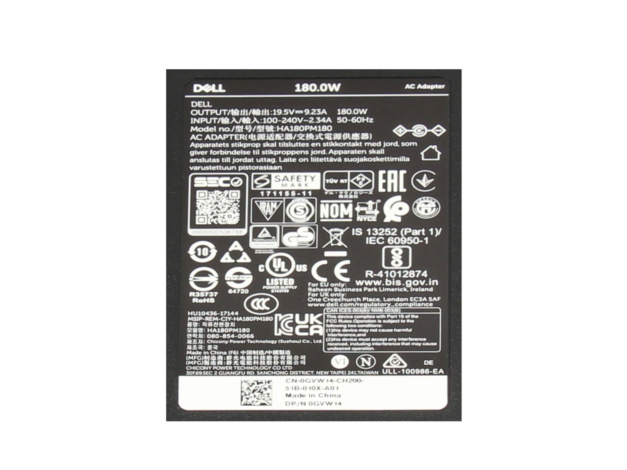 Dell G3 15 (3579) original chargeur 180 watts mince