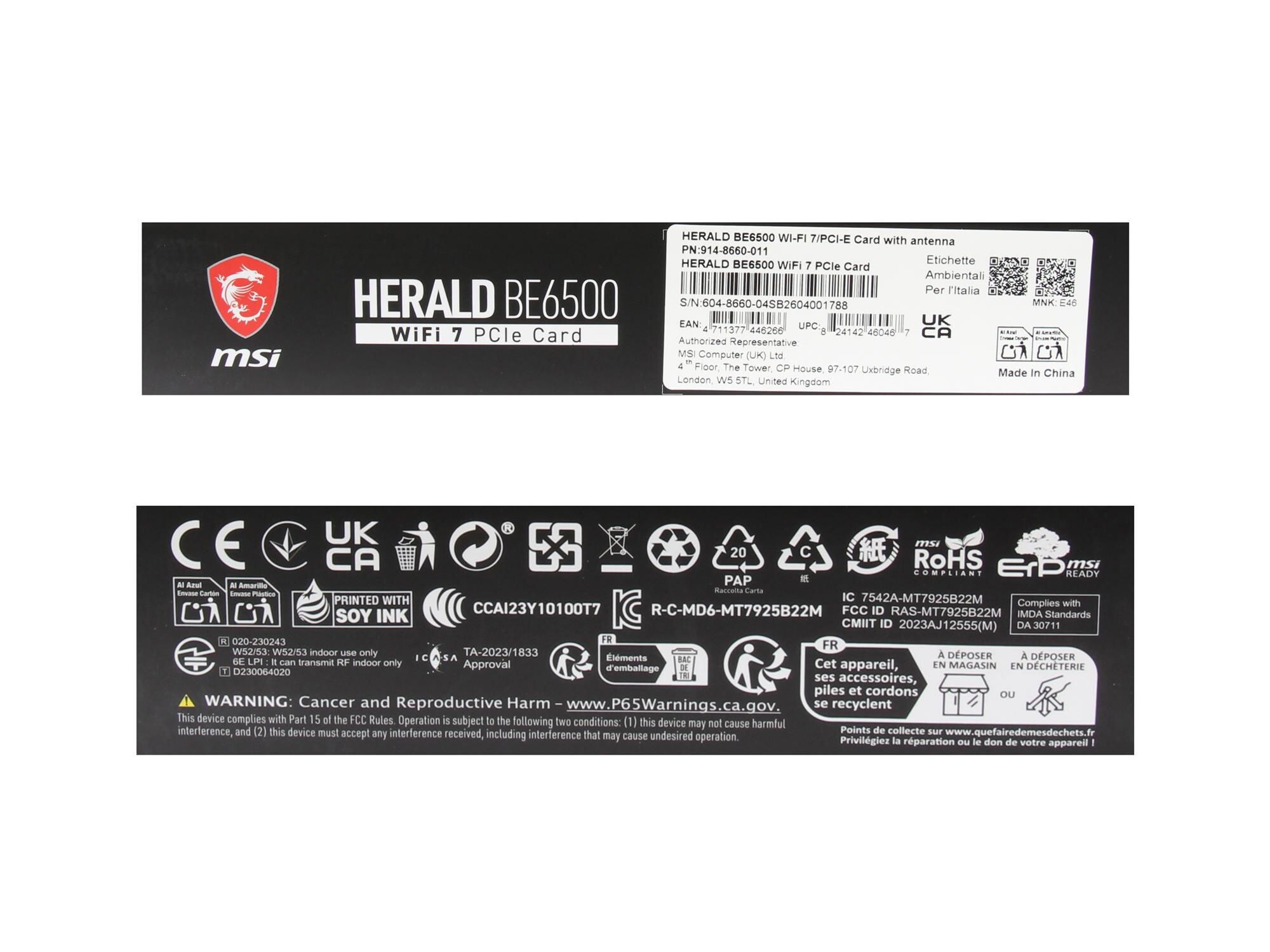 MSI 914-8660-011 HERALD BE6500 WiFi 7 PCIe Card
