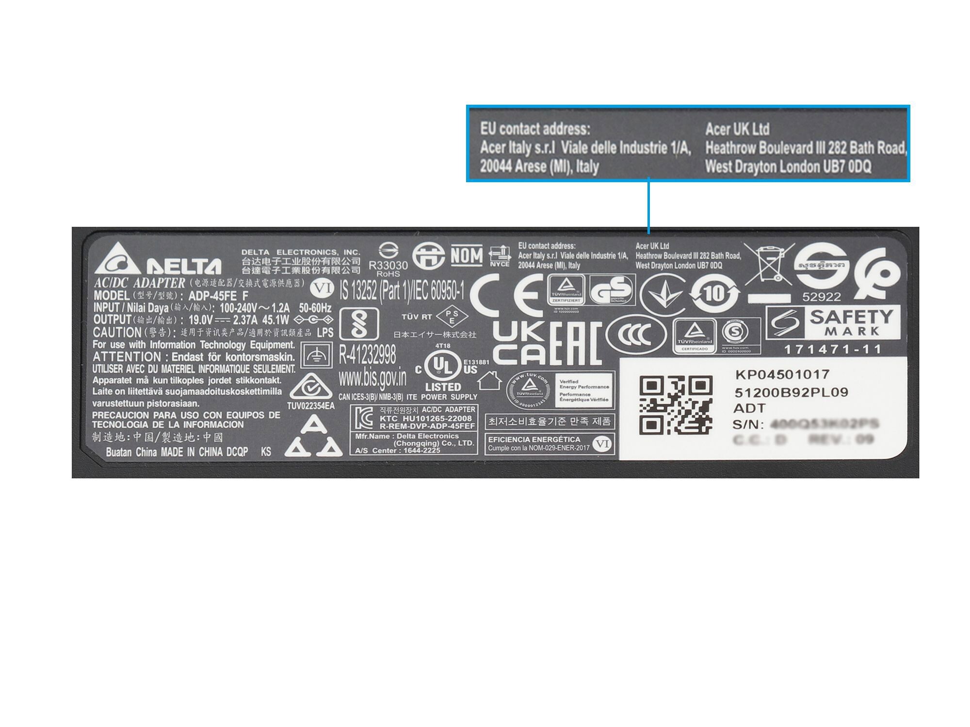 Acer Switch 11 (SW5-171) original chargeur 45 watts